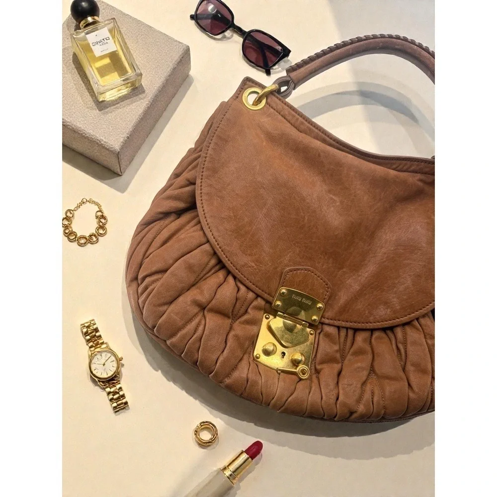Miu‎ Miu Vintage Coffer Matelasse Ruched Leather Hobo Bag